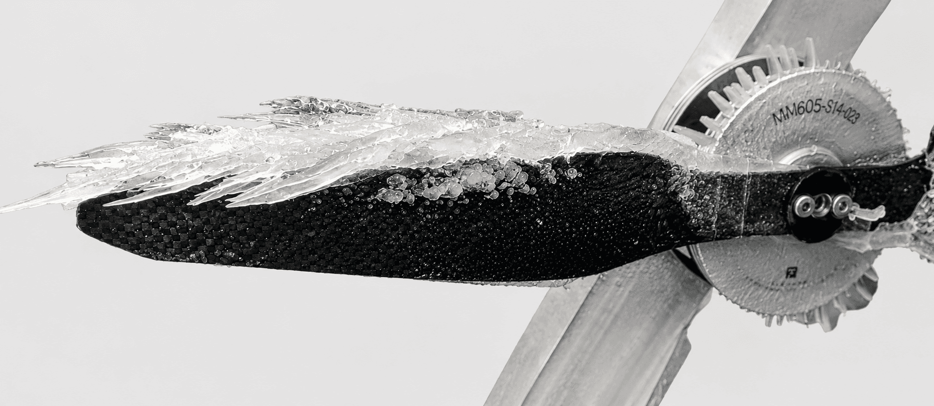 Ice forming on a monolithic carbon-fibre propeller blade in flight
