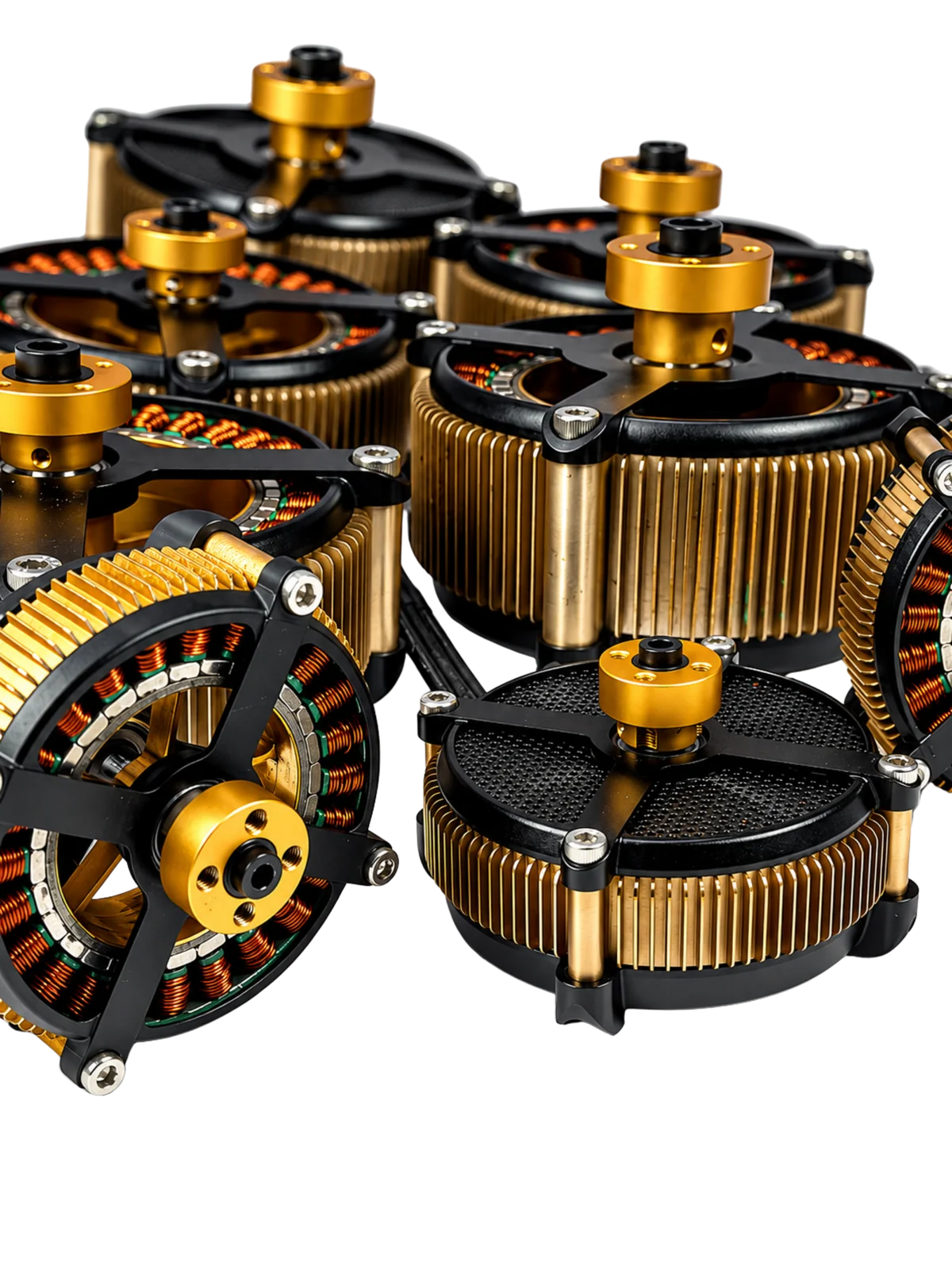 SRM air-cooled BLDC motor family stacked, Low and High variants across the 1 to 10 kW range